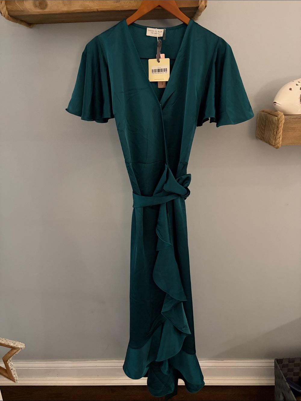 Dress Forum Emerald Green Wrap Midi Dress with Ruffle Detail